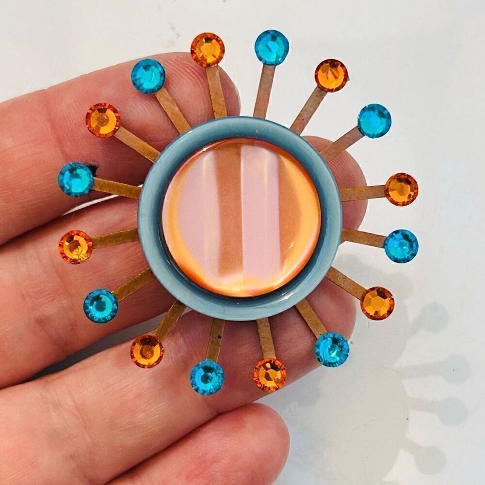 Upcycled Atomic Starburst Refrigerator Magnet Buttons Rhinestones Orange Blue